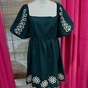 Women’s Size Large - She + Sky Dark Teal Mini Dress with Cream Embroidery - NWT